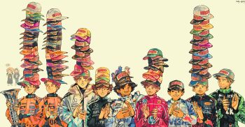 Rule 34 | 6+boys, absurdres, andrea kimi antonelli, baseball cap, black eyes, black racing suit, blue eyes, blue racing suit, brown eyes, brown hair, carlos sainz, charles leclerc, clapping, closed eyes, closed mouth, commentary, crossed arms, english commentary, facial hair, ferrari, formula one, george russell, grey jacket, happy, hat, hat over hat, hewlett-packard, highres, holding, holding trophy, hood, hooded jacket, isack hadjar, jacket, jannik sinner, lando norris, lineup, looking at another, male focus, max verstappen, multiple boys, nico hulkenberg, nico rosberg, no sclera, one eye closed, orange racing suit, oscar piastri, petronas, pirelli, racing suit, real life, red bull, red racing suit, shell (company), short hair, simple background, small sweatdrop, smile, sog goog, stacked hats, trophy, unicorn, victory, white racing suit, yellow background