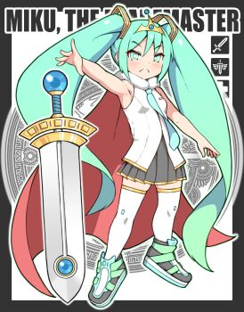 1girl absurdres black_skirt cape hatsune_miku highres katsukumori_mitsuru long_hair necktie pleated_skirt shirt shoes skirt sleeveless sleeveless_shirt solo sword thighhighs tiara twintails very_long_hair vocaloid weapon white_shirt white_thighhighs