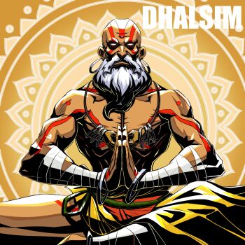 Rule 34 | 1boy, bald, bandaged arm, bandaged leg, bandages, bangle, beard, body markings, bracelet, character name, closed mouth, commentary request, crossed legs, dark-skinned male, dark skin, dhalsim, ear piercing, earrings, facial hair, highres, hoop earrings, indian style, jewelry, kumo33, male focus, mature male, necklace, no pupils, old, own hands together, pectorals, piercing, sitting, solo, street fighter, street fighter 6, topless male, white eyes