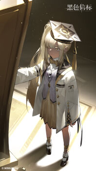 Rule 34 | 1girl, absurdres, black beacon, black shoes, coat, colored eyelashes, copyright name, copyright notice, dark-skinned female, dark skin, from above, full body, hat, highres, jacket, legs apart, logo, long hair, looking at object, mortarboard, ninsar (black beacon), official art, official wallpaper, pleated skirt, shadow, shoes, side ponytail, skirt, solo, spotlight, standing, very long hair, white coat, white hair, white jacket, yellow skirt