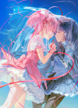 2girls absurdres akemi_homura akemi_homura_(magical_girl) blue_shirt blue_skirt blue_sky bow closed_eyes commentary daby dress dutch_angle forehead-to-forehead from_below heads_together highres holding_hands kaname_madoka kaname_madoka_(magical_girl) long_hair magical_girl mahou_shoujo_madoka_magica mahou_shoujo_madoka_magica_(anime) miniskirt multiple_girls neckerchief pantyhose pink_bow pink_dress pink_hair pleated_skirt purple_hair purple_neckerchief red_ribbon ribbon see-through_clothes see-through_veil shirt skirt sky smile string string_of_fate twintails untranslatable_commentary veil white_skirt yuri