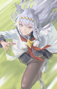 1girl absurdres animal_ears artist_name black_pantyhose black_skirt blue_eyes blue_sailor_collar commentary floating_hair full_body grey_hair grin hair_ornament highres horse_ears horse_girl leg_up motion_lines neckerchief oguri_cap_(starlight_beat)_(umamusume) oguri_cap_(umamusume) pantyhose pleated_skirt red_neckerchief running sailor_collar school_uniform serafuku sidelocks skirt smile solo umamusume user_ycug4382 white_serafuku