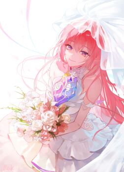 1girl absurdres bare_shoulders bouquet breasts bridal_veil commentary cyrene_(honkai:_star_rail) cyrene_(ripples_of_past_reverie)_(honkai:_star_rail) diamond-shaped_pupils diamond_(shape) dress flower highres holding holding_bouquet honkai:_star_rail honkai_(series) large_breasts long_hair looking_at_viewer pink_hair purple_eyes quokaisgood simple_background smile solo symbol-shaped_pupils veil very_long_hair white_background white_dress