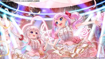 2girls :d assault_lily blue_eyes blush bow breasts buttons center_frills commentary_request confetti cowboy_shot dress elbow_gloves fingerless_gloves floating_hair flower frilled_dress frills gloves gotoh_(nekocat) grey_hair hair_bow hair_flower hair_ornament hands_up heart holding_hands idol interlocked_fingers light_particles long_hair looking_at_another low_twintails medium_breasts multiple_girls official_alternate_costume official_art open_mouth outstretched_arm pink_dress pink_hair puffy_short_sleeves puffy_sleeves red_bow sadamori_himeka screen shiozaki_suzume short_sleeves single_elbow_glove smile stage standing streamers teeth twintails two-tone_dress upper_teeth_only watermark white_dress white_flower white_gloves
