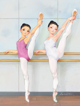 2girls armpits athletic_leotard ballerina ballet_class_clothes ballet_slippers barre black_eyes black_hair breasts commentary_request en_pointe full_body fumichika_mori leotard looking_at_viewer multiple_girls original pantyhose pink_leotard short_hair small_breasts split standing standing_on_one_leg standing_split white_leotard