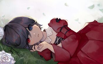 1girl absurdres alternate_costume another black_hair blue_eyes blue_picmi commentary dress english_commentary flower heterochromia highres juliet_sleeves long_sleeves looking_at_viewer lying misaki_mei puffy_sleeves red_dress red_eyes rose short_hair solo white_flower white_rose