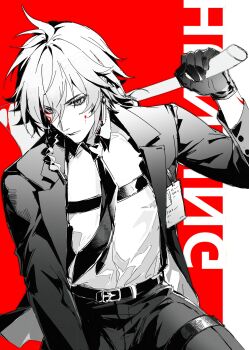 Rule 34 | 1boy, absurdres, anxilotus, arm tattoo, armlet, axe, belt, black belt, black gloves, black jacket, black necktie, black pants, blood, blood on face, braid, chest strap, collared shirt, earrings, facial tattoo, gloves, greyscale with colored background, highres, holding, holding axe, honkai: star rail, honkai (series), jacket, jewelry, male focus, medium hair, mydei (honkai: star rail), necktie, open clothes, open jacket, pants, red background, red tattoo, shirt, side braid, solo, spot color, tattoo, thigh strap, white shirt