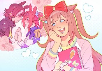 3girls agnes_digital_(casual)_(umamusume) agnes_digital_(umamusume) animal_ears arm_belt belt black_belt black_jacket blue_background blue_bow blue_bowtie blue_eyes blue_jacket blue_scrunchie blush bow bowtie brown_hair carrot center_frills clenched_hand collared_jacket commentary crop_top daiwa_scarlet_(peak_blue)_(umamusume) daiwa_scarlet_(umamusume) diamond_hair_ornament drooling ear_ornament english_commentary epaulettes eye_contact eyelashes eyes_visible_through_hair face-to-face flower frills gradient_background green_outline hair_between_eyes hair_bobbles hair_bow hair_ornament hair_over_one_eye hair_scrunchie halftone halftone_background hand_on_own_cheek hand_on_own_face hand_to_hand happy heart high_collar highres himejoshi holding holding_notebook horse_ears horse_girl imagining imminent_kiss jacket jersey large_bow leather leather_jacket lightning_bolt_symbol long_hair long_sleeves looking_at_another looking_to_the_side multiple_girls notebook open_clothes open_jacket open_mouth orange_hair outline pink_flower pink_hair pink_scrunchie pink_sleeves poppy_(flower) print_jacket rainbow_print raised_inner_eyebrows red_bow red_eyes ribbon scrunchie shirt short_hair sidelocks sleeve_cuffs smile speech_bubble sticker teeth thought_bubble tiara twintails two-tone_background two_side_up ullaiin umamusume upper_body very_long_hair vodka_(umamusume) vodka_(wild_top_gear)_(umamusume) white_background white_jacket white_shirt wrist_scrunchie yellow_ribbon yellow_shirt yuri