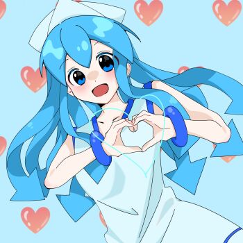 Rule 34 | 1girl, blue background, blue eyes, blue hair, blush, dot nose, dress, feet out of frame, female focus, hair between eyes, hat, heart, ikamusume, looking at viewer, open mouth, shinryaku! ikamusume, simple background, solo, squid girl, squid hat, standing, tentacle hair, yu na012623
