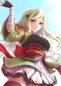 >:) 1girl absurdres aqua_eyes arm_up arm_wrap armor artist_name back_bow black_gloves blonde_hair blue_sky bow breastplate brown_thighhighs closed_mouth commentary_request commission cowboy_shot day flower from_below gloves green_kimono hair_flower hair_ornament half_gloves hand_on_own_hip highres japanese_armor japanese_clothes kimono kimono_skirt light_smile long_hair long_sleeves looking_at_viewer looking_down mayupika miniskirt obi outdoors pleated_skirt red_bow red_flower red_ribbon red_rose ribbon ribbon-trimmed_sleeves ribbon_trim rose sash short_kimono shoujo_kageki_revue_starlight shoujo_kageki_revue_starlight_-re_live- shoulder_armor sidelocks skeb_commission skirt sky sleeves_past_wrists sode solo standing swept_bangs thighhighs v-shaped_eyebrows wavy_hair white_skirt wide_sleeves yumeoji_fumi