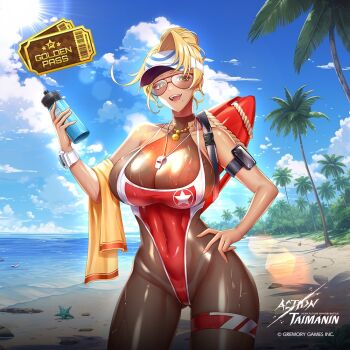 Rule 34 | 1girl, action taimanin, alternate costume, beach, blonde hair, breasts, censored, curvy, day, emily simmons, highleg, highleg one-piece swimsuit, huge breasts, large breasts, lifeguard, lilith-soft, ocean, official alternate costume, official art, one-piece swimsuit, red one-piece swimsuit, solo, swimsuit, taimanin (series), wide hips
