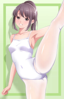 1girl akippoi_0919 armpits bare_shoulders brown_eyes brown_hair highleg highres original pantyhose ponytail school_swimsuit split standing standing_on_one_leg standing_split swimsuit white_pantyhose