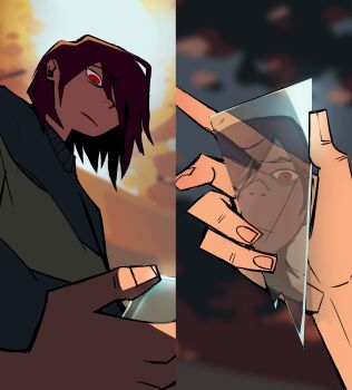 1other animated animated_gif brown_hair closed_mouth deltarune glass_shard glass_shards highres holding_glass_shard kris_(deltarune) medium_hair mutie_(timestables) other_focus red_eyes reflection solo split_screen upper_body utdr_(toby_fox)