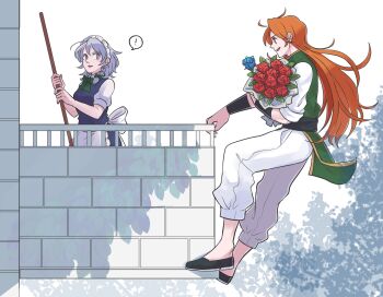 ! 2girls apron back_bow black_shoes blue_flower blue_rose bouquet bow braid commentary_request danna_(dng_satou) flower green_bow green_vest grey_eyes grey_hair hair_bow highres holding holding_bouquet hong_meiling izayoi_sakuya long_hair maid maid_headdress multiple_girls no_headwear open_mouth orange_eyes orange_hair pants red_flower red_rose rose shirt shoes simple_background sleeves_rolled_up smile spoken_exclamation_mark touhou very_long_hair vest waist_apron white_background white_bow white_pants white_shirt yuri