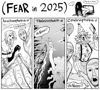 2025 3girls 4boys absurdres arthropod_girl arthropod_limbs ball bb_(baalbuddy) boat breasts cleaver clown greyscale highres holding holding_knife insect_girl jewelry knife meme monochrome multiple_boys multiple_girls oar original overalls ring rowboat soyjak spider_girl television the_ring two_soyjaks_pointing_(meme) water watercraft yamamura_sadako