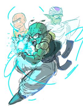 2boys anger_vein angry antennae bald bald_male black_eyes colored_skin dragon_ball fusion green_skin highres kamehameha_(dragon_ball) kuririn multiple_boys piccolo pointy_ears toriyama_akira_(style)