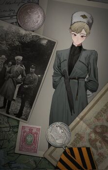 1boy arms_behind_back banknote blonde_hair closed_mouth coat coin cossack fur_hat gloves greatcoat grey_coat hat hearts_of_iron highres kaiserreich knife medal money papakha photo_(object) pzkpfwi red_eyes ribbon_of_saint_george russian_civil_war russian_empire shako_cap sheath sheathed short_hair white_gloves white_hat