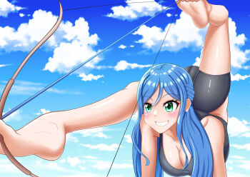 1girl arrow artist_request blue_hair commission contortion flexible looking_ahead original pixiv_commission smile sports_bra tagme top-down_bottom-up