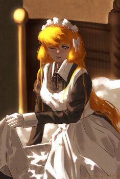 1girl apron black_dress black_ribbon bow dress gloves hair_bow highres ishmael_(project_moon) itsukaonline juliet_sleeves limbus_company long_hair long_sleeves looking_at_viewer maid maid_apron maid_headdress neck_ribbon orange_hair project_moon puffy_sleeves ribbon sitting solo very_long_hair white_apron white_bow white_gloves wuthering_heights_(identity)_(project_moon)