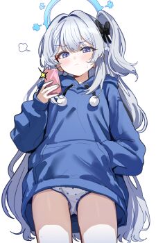 Rule 34 | 1girl, absurdres, blue archive, blush, breasts, cellphone, halo, highres, long hair, looking at viewer, miyako (blue archive), miyako (young) (blue archive), panties, phone, purple eyes, sak (lemondisk), sidelocks, small breasts, solo, thighs, underwear, white hair, white panties
