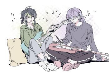 2boys :d :o ahoge arm_support beamed_sixteenth_notes black_hair black_pants blue_hair closed_eyes commentary_request crossed_ankles drawstring eighth_note eyelashes green_hair green_hoodie grey_pants grey_shirt guitar hair_behind_ear hair_between_eyes hair_ornament hairclip highres holding holding_guitar holding_instrument holding_pen hood hood_down hoodie hoshirube_sho inami_rai instrument knees_up korean_commentary long_hair long_sleeves male_focus multicolored_hair multiple_boys mummeo_p music musical_note nijisanji notepad open_mouth pants pen pillow pink_slippers ponytail purple_hair shirt short_hair short_ponytail sidelocks simple_background singing sitting sixteenth_note slippers smile socks streaked_hair virtual_youtuber white_background white_socks