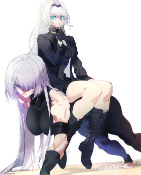 2girls ak-15_(girls'_frontline) alva_(girls'_frontline_2) an-94_(girls'_frontline) aqua_eyes black_boots black_gloves black_hairband black_pants boots breasts exercising girls'_frontline girls'_frontline_2:_exilium gloves hair_over_one_eye hairband half_gloves highres long_hair multiple_girls muscular muscular_female open_mouth pants purple_eyes push-ups red_pupils sitting sitting_on_person toes voymastina_(girls'_frontline_2) wangpo white_background white_hair