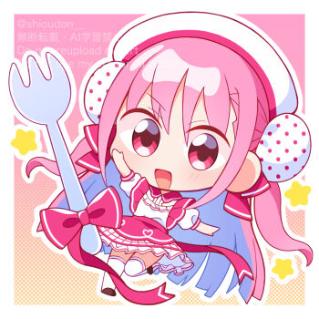 1girl :d alternate_costume beret blunt_ends border bow bun_cover chibi chibi_only commentary_request double_bun eyes_visible_through_hair floating_hair fork full_body hair_between_eyes hair_bun hat heart heart_print heaven_burns_red highres kunimi_tama light_blush long_hair looking_at_viewer miniskirt open_mouth outline outside_border outstretched_arms pink_background pink_bow pink_hair pink_skirt pleated_skirt polka_dot polka_dot_background print_skirt puffy_short_sleeves puffy_sleeves red_eyes shirt short_sleeves sidelocks simple_background skirt smile solo standing standing_on_one_leg star_(symbol) tareme thighhighs two-tone_skirt two_side_up v-shaped_eyebrows very_long_hair watermark white_border white_hat white_outline white_shirt white_skirt white_thighhighs xdjf63qbpt0iqmj zettai_ryouiki