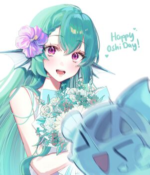 >_< 1girl absurdres blush bouquet commentary double-parted_bangs finana_ryugu fins fish_girl flower good_oshi_day green_hair hair_flower hair_ornament head_fins highres holding holding_bouquet long_hair looking_at_viewer nijisanji nijisanji_en nrnmarie open_mouth purple_eyes purple_flower smile solo symbol-only_commentary upper_body virtual_youtuber white_background