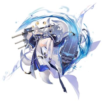 1girl absurdres animal_ear_fluff animal_ears armor azur_lane bare_shoulders bell black_kimono breasts cleavage closed_mouth constellation detached_collar flight_deck floating_hair fox_ears fox_girl fox_tail full_body grey_hair highres huge_breasts japanese_armor japanese_clothes jingle_bell katana kikumon kimono kitsune kyuubi large_breasts long_hair long_legs long_sleeves looking_at_viewer machinery miniskirt moon moon_phases multiple_tails non-web_source obi off_shoulder official_art oversized_clothes pleated_skirt purple_eyes revision sandals sash sheath sheathed shinano_(azur_lane) shoulder_armor skirt skirt_under_kimono soaryuna sode solo sword tail tassel thighhighs thighs transparent_background very_long_hair weapon white_skirt white_thighhighs wide_sleeves zettai_ryouiki zouri
