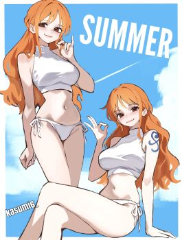 1girl absurdres alternate_costume arm_support artist_name bare_arms bare_legs bare_shoulders bikini blue_sky blush border breasts brown_eyes closed_mouth cloud cloudy_sky commentary crop_top cropped_shirt crossed_legs english_commentary feet_out_of_frame highres kasumi_6 large_breasts long_hair looking_at_viewer midriff multiple_views nami_(one_piece) navel ok_sign one_piece orange_hair outside_border shirt shoulder_tattoo side-tie_bikini_bottom sidelocks sitting sky sleeveless sleeveless_turtleneck smile standing stomach summer swimsuit tattoo turtleneck turtleneck_shirt wavy_hair white_bikini white_border white_shirt