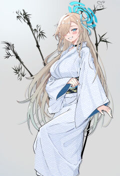 Rule 34 | 1girl, :d, absurdres, asuna (blue archive), bamboo, black choker, blue archive, blue eyes, blue halo, blue kimono, blue ribbon, blush, breasts, brown hair, choker, commentary request, grey background, grin, hair over one eye, hair ribbon, halo, highres, japanese clothes, kimono, large breasts, leaf lime, leg lift, long hair, looking at viewer, obi, open mouth, parted hair, print kimono, ribbon, sash, simple background, smile, solo, very long hair, wave print, wide sleeves, yukata