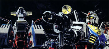 Rule 34 | 1980s (style), 1990s (style), aiming, arm cannon, army, beam rifle, commentary request, earth federation, energy gun, guncannon, gundam, guntank, mecha, mecha focus, mobile suit, mobile suit gundam, no humans, official art, oldschool, ookawara kunio, painting (medium), promotional art, realistic, retro artstyle, robot, rx-78-2 gundam, scan, science fiction, shoulder cannon, spacecraft, traditional media, v-fin, weapon, white base, yellow eyes