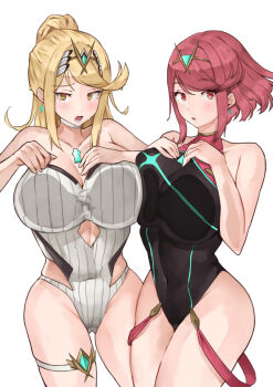 2girls absurdres against_fourth_wall black_one-piece_swimsuit blonde_hair bob_cut breast_press breasts choker clothing_cutout commentary_request covered_navel cowboy_shot earrings gem green_gem highres hip_vent jewelry large_breasts long_hair looking_at_viewer multiple_girls mythra_(radiant_beach)_(xenoblade) mythra_(xenoblade) official_alternate_costume one-piece_swimsuit open_mouth parted_lips ponytail pyra_(pro_swimmer)_(xenoblade) pyra_(xenoblade) red_eyes red_hair short_hair simple_background strapless strapless_one-piece_swimsuit swept_bangs swimsuit thigh_strap tiara wet white_background white_choker white_one-piece_swimsuit xenoblade_chronicles_(series) xenoblade_chronicles_2 yellow_eyes yotsuha_uni