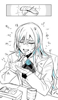 1girl ado_(utaite) blue_hair chando_(ado) chopsticks colored_inner_hair commentary cup fish_(food) food gunjyou_(gunjyou_00) highres long_hair lower_teeth_only mole mole_under_eye multicolored_hair nervous_sweating nigirizushi solo sparkle spot_color sushi sweat symbol-only_commentary teeth translation_request upper_body utaite