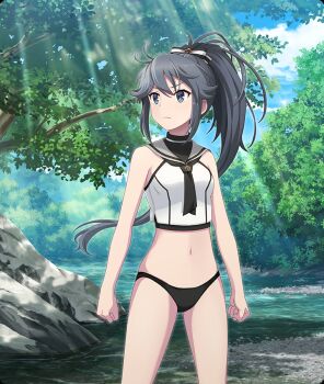 1girl adapted_costume ayanokouji_martial_arts_school_uniform bikini bikini_bottom_only black_bikini black_bow black_hair black_neckerchief blue_eyes blue_sky bow breasts clenched_hands closed_mouth cloud cowboy_shot dappled_sunlight day dot_nose game_cg grey_sailor_collar hair_bow high_ponytail long_hair looking_to_the_side nature navel neckerchief official_art outdoors pink_pupils ponytail river sailor_collar school_uniform shirt sidelocks sky sleeveless sleeveless_shirt small_breasts solo striped_bow sunlight swimsuit third-party_source toji_no_miko toji_no_miko:_kizamishi_issen_no_tomoshibi tree very_long_hair white_shirt yamashiro_yui