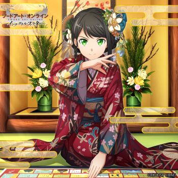 1girl alternate_costume alternate_hairstyle black_hair breasts company_name copyright_notice dice flower game_cg green_eyes hair_flower hair_ornament holding holding_dice indoors japanese_clothes kimono koharu_(sao) long_sleeves looking_at_viewer medium_breasts medium_hair obi official_art red_kimono sash smile solo sword_art_online sword_art_online:_integral_factor wide_sleeves