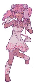 Rule 34 | 1girl, :d, artist name, bag, bandaged arm, bandaged leg, bandages, bare shoulders, barefoot, blood, bloody bandages, blush, bone hair ornament, bow, bowtie, cleaver, crossed bandaids, dark-skinned female, dark skin, dress, eyeball hair ornament, flat chest, food, frills, gurokawa, hair ornament, heart, highres, holding, holding cleaver, looking at viewer, meat, meaty-chan, medium hair, non-web source, official art, one eye closed, open mouth, pink bow, pink bowtie, pink hair, pointing, pointing at self, ravensramen, shoulder bag, simple background, smile, solo, standing, standing on one leg, tooth, transparent background, twintails, utau, white dress, yellow eyes