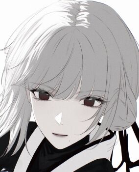 1girl alternate_costume black_ribbon celly_(mogmog_99) closed_mouth commentary_request grey_hair hair_ribbon highres light_smile looking_at_viewer mole mole_under_mouth portrait red_eyes ribbon sanhua_(wuthering_waves) short_hair simple_background solo unfinished white_background wuthering_waves