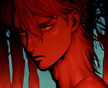 1boy bare_tree bishounen commentary_request dio_brando ear_piercing expressionless eyelashes from_side g-class_citizen hair_between_eyes highres jojo_no_kimyou_na_bouken limited_palette looking_at_viewer male_focus multiple_piercings piercing portrait red_theme short_hair solo tree