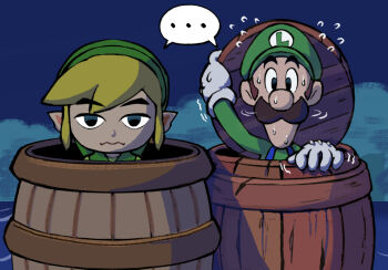 ... 2boys arm_up barrel black_eyes blonde_hair brown_hair closed_mouth crossover facial_hair flying_sweatdrops gloves green_hat green_shirt hand_up hat link looking_at_viewer luigi male_focus mario_&amp;_luigi_rpg mario_(series) motion_lines multiple_boys mustache newsboy_cap night nintendo no_mouth no_pupils outdoors pointy_ears scene_reference shared_speech_bubble shirt short_hair sidelocks speech_bubble straight-on sweat the_legend_of_zelda the_legend_of_zelda:_the_wind_waker toon_link trembling water wavy_mouth white_gloves yamari_(ya_mari_6363)