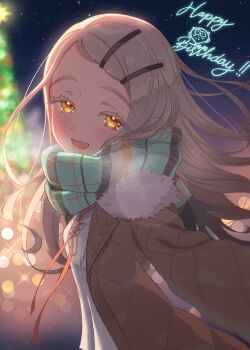 1girl :d aqua_scarf backlighting black_sky blurry blurry_background blush breasts brown_coat camisole christmas_tree coat colored_eyelashes commentary_request depth_of_field floating_hair fur-trimmed_coat fur_trim gakuen_idolmaster grey_hair hair_ornament hairclip happy_birthday highres idolmaster long_hair looking_at_viewer night open_mouth orange_eyes outdoors ozuma_(takarinhoi0621) parallel_hairclips parted_bangs plaid_clothes plaid_scarf reaching reaching_towards_viewer red_ribbon ribbon scarf shinosawa_hiro sky small_breasts smile solo star_(sky) starry_sky upper_body white_camisole