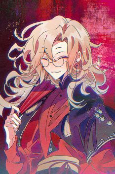 1boy :3 absurdres black_cape black_nails brown_hair cape chinese_clothes closed_eyes curtained_hair earrings eyeliner eyewear_strap facing_viewer folding_fan glasses hair_between_eyes hand_fan hand_up highres holding holding_fan jewelry long_hair long_sleeves luo_xiaohei_zhanji makeup male_focus mandarin_collar nail_polish paw_print paw_print_pattern red_background red_eyeliner red_shirt round_eyewear sash shirt solo stud_earrings tassel upper_body waist_sash wavy_hair ximuzi yecai_baozi yellow_sash