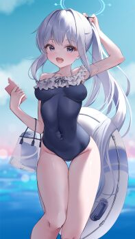 1girl :d absurdres arm_up bare_arms bare_shoulders black_one-piece_swimsuit blue_archive blue_eyes blue_halo blue_sky blurry blurry_background blush breasts breasts_apart cellphone collarbone covered_navel curvy day feet_out_of_frame frilled_one-piece_swimsuit frills groin hair_intakes halo hand_up happy highres holding holding_phone impossible_clothes long_hair looking_at_viewer medium_breasts miyako_(blue_archive) miyako_(swimsuit)_(blue_archive) off-shoulder_one-piece_swimsuit off_shoulder official_alternate_costume official_alternate_hairstyle one-piece_swimsuit open_mouth outdoors phone ponytail sidelighting sidelocks simple_background sky smartphone smile solo standing swim_ring swimsuit teeth thigh_gap thighs upper_teeth_only very_long_hair wfa5051 white_background white_hair