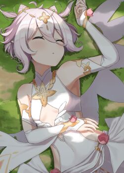 1girl ^_^ absurdres bare_shoulders breasts bridal_gauntlets cleavage_cutout closed_eyes clothing_cutout commentary_request covered_navel dress grass highres kokkoro_(ceremonial)_(princess_connect!) kokkoro_(princess_connect!) lying official_alternate_costume on_back on_grass on_ground parted_lips princess_connect! short_hair sideless_dress sleeveless sleeveless_dress small_breasts solo two_side_up upper_body wanitaroo._(waniwani_panic) white_bridal_gauntlets white_dress white_hair