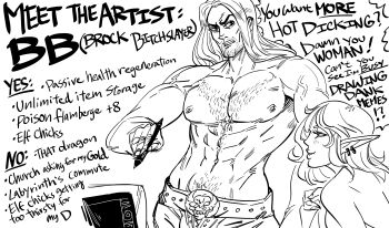 1boy 1girl abs artist_self-insert bb_(baalbuddy) belt blush earrings elf english_text greyscale hairy highres jewelry long_hair male_focus monochrome muscular original parody pointy_ears profanity simple_background smile stylus topless_male white_background