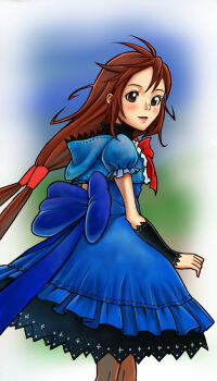 Rule 34 | 1girl, 2009, artist name, artist request, blue dress, bow, bowtie, brown eyes, brown hair, dorothy gale, dorothy gale (riz-zoawd), dress, female focus, long hair, long skirt, looking at viewer, media.vision, riz-zoawd, skirt, the wizard of oz