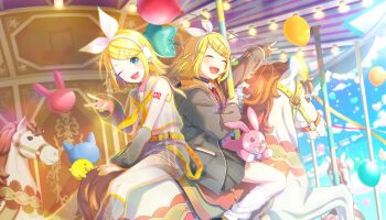 2girls :d ;d ^_^ animal_balloon aqua_eyes arm_tattoo baby_animal belt bird black_choker black_jacket blonde_hair blush bow bow_hairband carousel chick choker closed_eyes collared_shirt colorful_palette detached_sleeves dual_persona game_cg grey_sailor_collar grey_shorts grey_skirt grey_sleeves hair_ornament hairband hairclip headset heart highres hood hooded_jacket jacket kagamine_rin leg_warmers leo/need_rin link_the_beats!_(project_sekai) long_sleeves multiple_girls neckerchief necktie number_tattoo official_art one_eye_closed open_mouth pink_necktie plaid_clothes plaid_skirt pleated_skirt project_sekai rabbit sailor_collar shirt shorts sitting skirt sleeveless sleeveless_shirt smile star_(symbol) tattoo third-party_source v vocaloid white_bow white_hairband white_leg_warmers white_shirt x_hair_ornament yellow_belt yellow_neckerchief