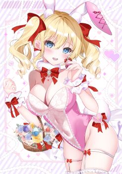 1girl absurdres animal_ears bare_shoulders basket blonde_hair blue_eyes blush bow bowtie breasts cleavage commentary_request covered_navel cowboy_shot drill_hair easter egg fake_animal_ears fake_tail flower_basket frilled_wrist_cuffs frills groin hair_between_eyes hands_up highleg highleg_leotard highres holding holding_basket holding_egg lace-trimmed_leotard lace_trim large_breasts leaning_forward leotard long_hair looking_at_viewer open_mouth original pink_leotard playboy_bunny rabbit_ears rabbit_tail red_bow red_bowtie solo strapless strapless_leotard tail teeth tsukimiya_sara twin_drills two_side_up upper_teeth_only white_wrist_cuffs wicker_basket wrist_cuffs
