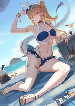 1girl 1other absurdres ahoge alternate_costume animal arm_up bandeau bangboo_(zenless_zone_zero) beach beach_towel beach_umbrella bikini bird blonde_hair blue_bikini blue_sky blush breasts chalky_(zenless_zone_zero) cissia_(zenless_zone_zero) commentary_request cube day earrings eliskalti eous_(zenless_zone_zero) eyewear_on_head food food_in_mouth french_fries hair_between_eyes hair_ornament highres hollow_(zenless_zone_zero) ice jewelry large_breasts leaning_to_the_side long_hair looking_at_viewer navel o-ring o-ring_bandeau o-ring_bikini ocean outdoors pom_pom_(clothes) pom_pom_hair_ornament red_eyes sand seagull shock_collar sitting sky smile snake snake_girl snake_tail strapless strapless_bikini sunglasses swimsuit tail towel umbrella underboob water white_snake zenless_zone_zero