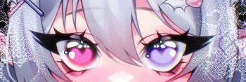1girl aegyo_sal baphii_(vtuber) close-up commentary double-parted_bangs eye_focus eyelashes grey_hair hair_between_eyes hair_ornament heart heart_hair_ornament heterochromia im_monimon indie_virtual_youtuber looking_at_viewer pink_eyes purple_eyes solo symbol-only_commentary virtual_youtuber winged_heart